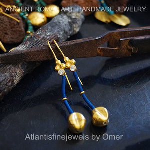 Handmade Ancient Art Troy Lapis Earrings By Omer 24k Gold over 925k Silver Turkish Jewelry
