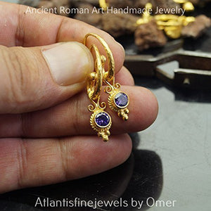 Hoop  Earrings W/ Amethyst Charm 24k Gold over 925 k Sterling Silver Handcrafted