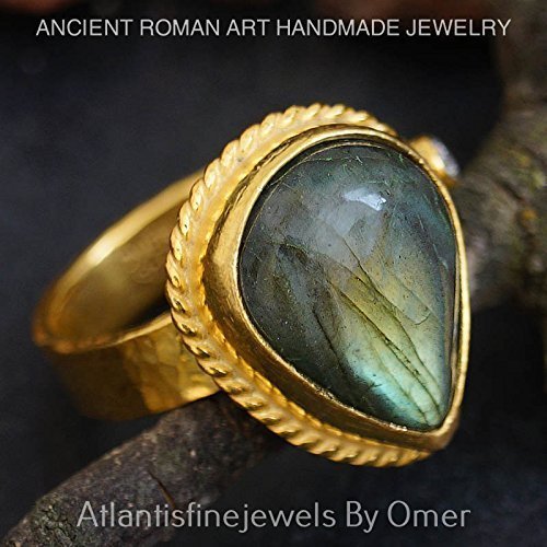 Turkish Labradorite Ring Handmade Designer Jewelry By Omer 925 Sterling Silver 24 k Yellow Gold Plated