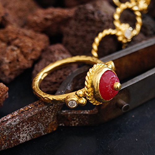 Omer Turkish 925 k Silver Red Jade Handmade Turkish  Ring 24 k Gold Plated
