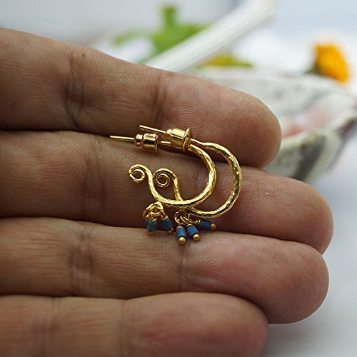 Handmade 925 Sterling Silver Small Hammered Hoop Lapis Charm Earrings 24k Gold Plated
