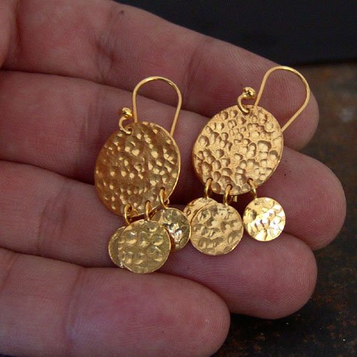 Sterling Silver Hammered Handmade Designer Earrings 24k Yellow Gold Vermeil Handcrafted Jewelry Women Earrings Ancient Roman Art