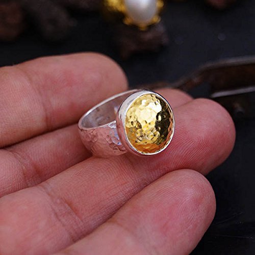 Turkish Handmade 2 Tone Ring 925 Sterling Silver 24 k Yellow Gold Plated