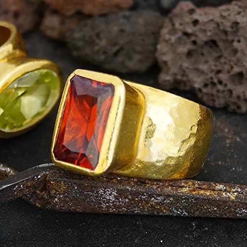 Turkish Garnet Ring Handmade Designer Jewelry By Omer 925 Sterling Silver 24 k Yellow Gold Plated