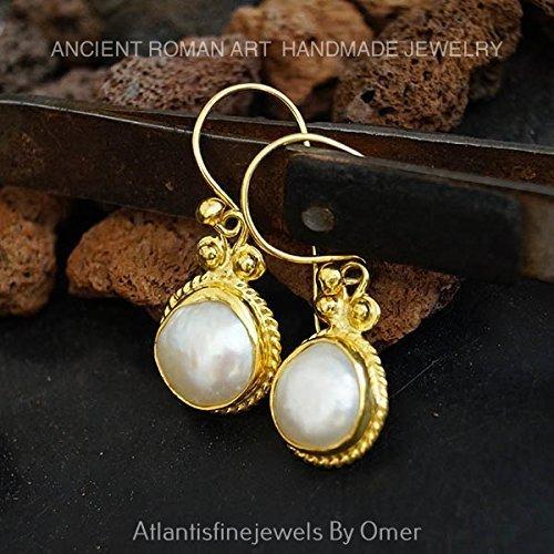 Omer Roman Art Handmade Dangle Pearl Earrings 24 k Gold Vermeil Sterling Silver