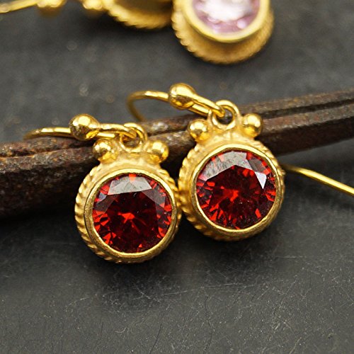 Turkish Garnet Earring Handmade Designer Jewelry By Omer 925 Sterling Silver 24 k Yellow Gold Plated