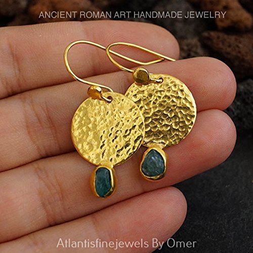 Hammered Rough Blue Apatite Earrings 24 k Gold Over 925 Sterling Silver By Omer