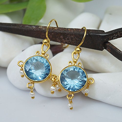  Turkish Blue Topaz Earrings Handmade Designer Jewelry By Omer 925 Sterling Silver 24 k Yellow Gold Plated