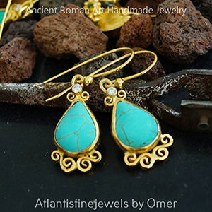Omer 925 k Silver Handmade Designer Turquoise Earrings W/topaz 24k Gold Over