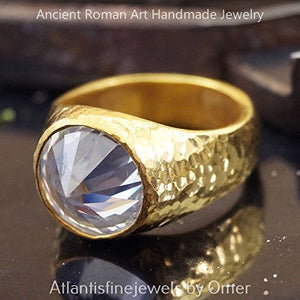 Turkish White Topaz Ring Handmade Designer Jewelry By Omer 925 Sterling Silver 24 k Yellow Gold Plated