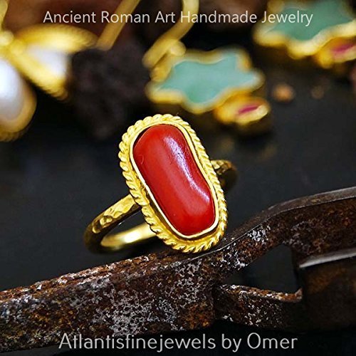 Turkish Coral Ring Handmade Designer Jewelry By Omer 925 Sterling Silver 24 k Yellow Gold Plated