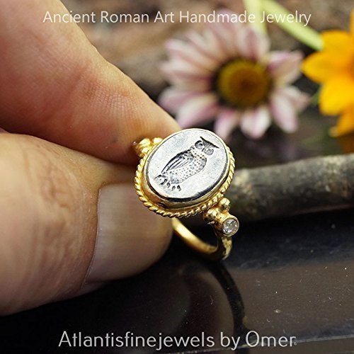 Sterling Silver Handmade Roman Art 2 Tone Owl Coin Ring 24k Yellow Gold Vermeil