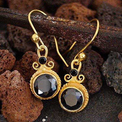 Turkish Onyx Earrings Handmade Designer Jewelry By Omer 925 Sterling Silver 24 k Yellow Gold Plated