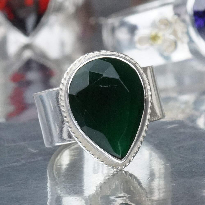 FREE SIZING Turkish Large Pear Green Jade Ring Hammered 925 k Sterling Silver