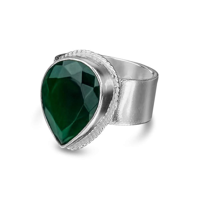 FREE SIZING Turkish Large Pear Green Jade Ring Hammered 925 k Sterling Silver