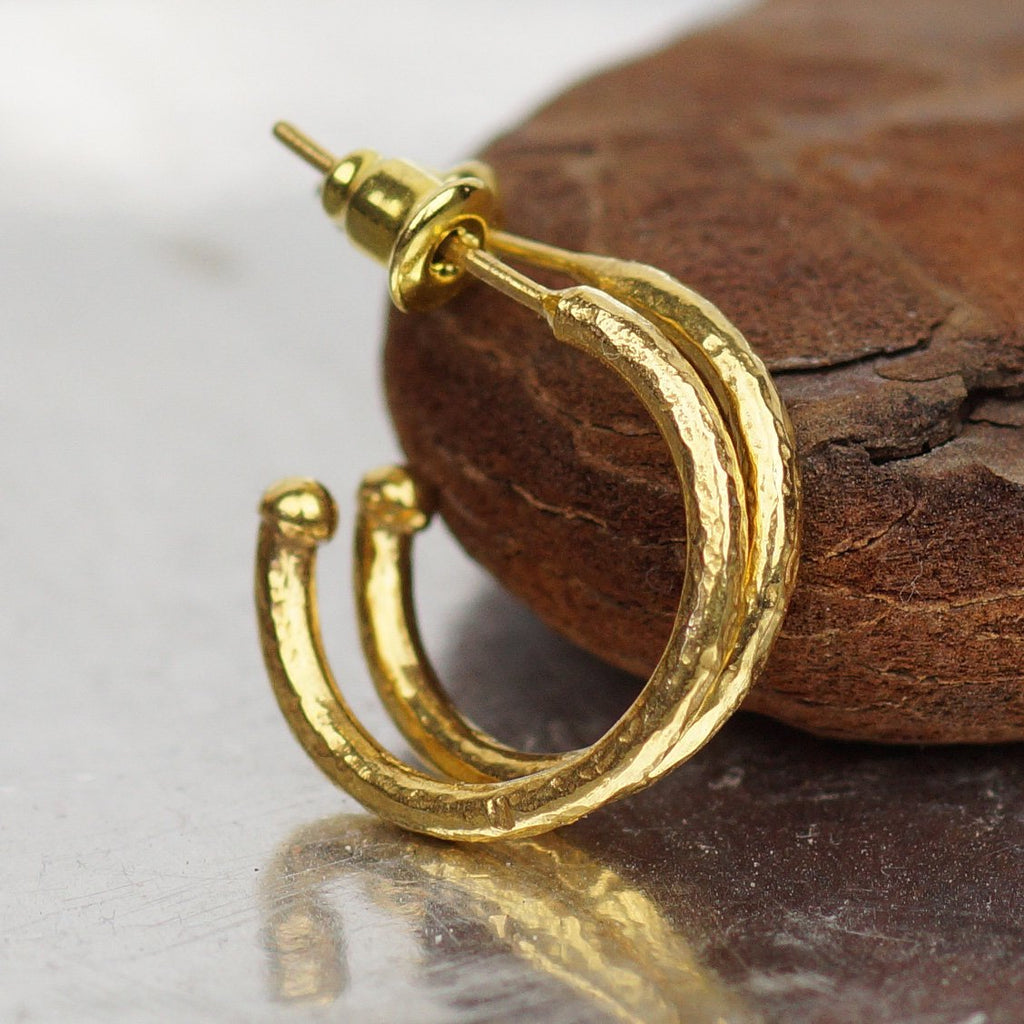 Omer 925 Fine Silver Hammered Hoop Earrings 24k Gold Vermeil Turkish Jewelry