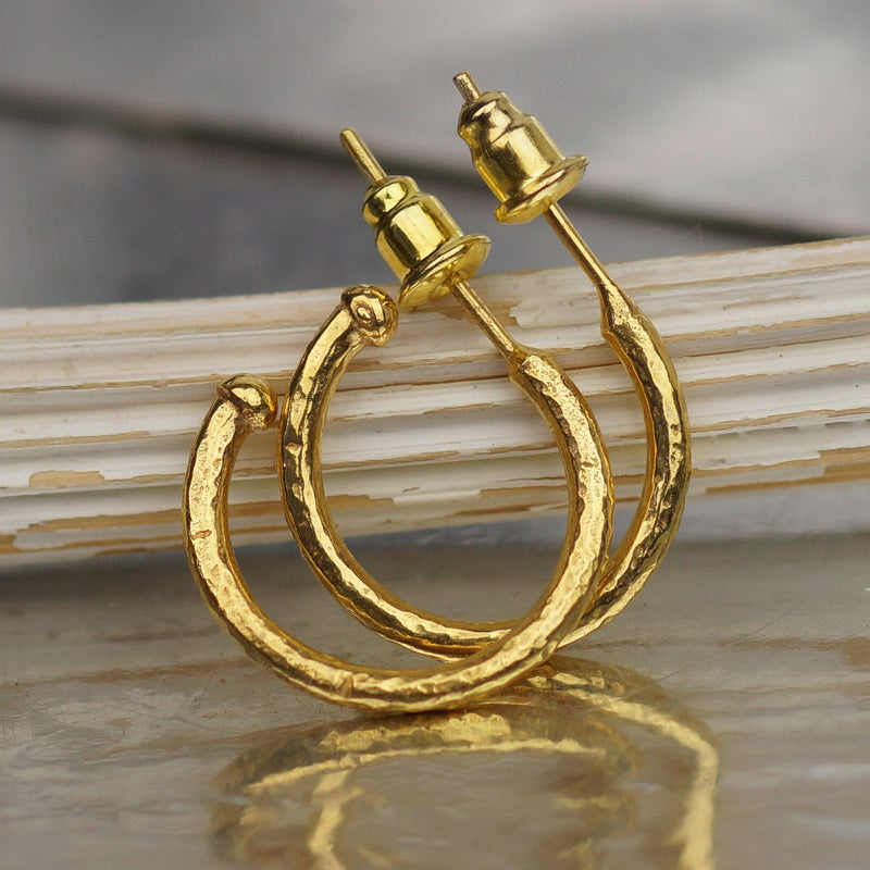 Omer 925 Fine Silver Hammered Hoop Earrings 24k Gold Vermeil Turkish Jewelry
