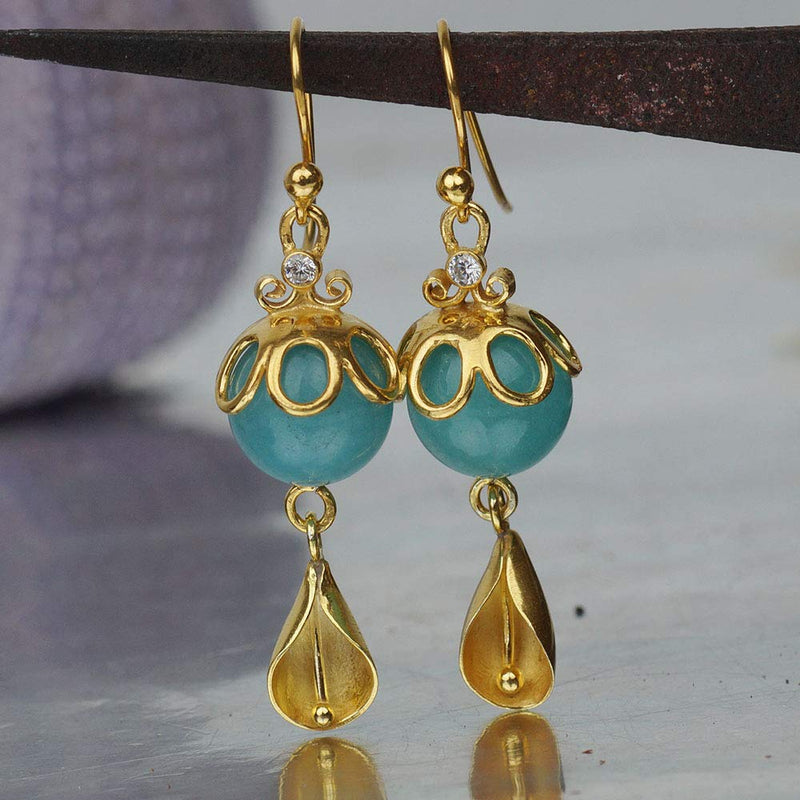 Turkish Blue Chalcedony Earrings Handmade Designer Jewelry By Omer 925 Sterling Silver 24 k Yellow Gold Plated