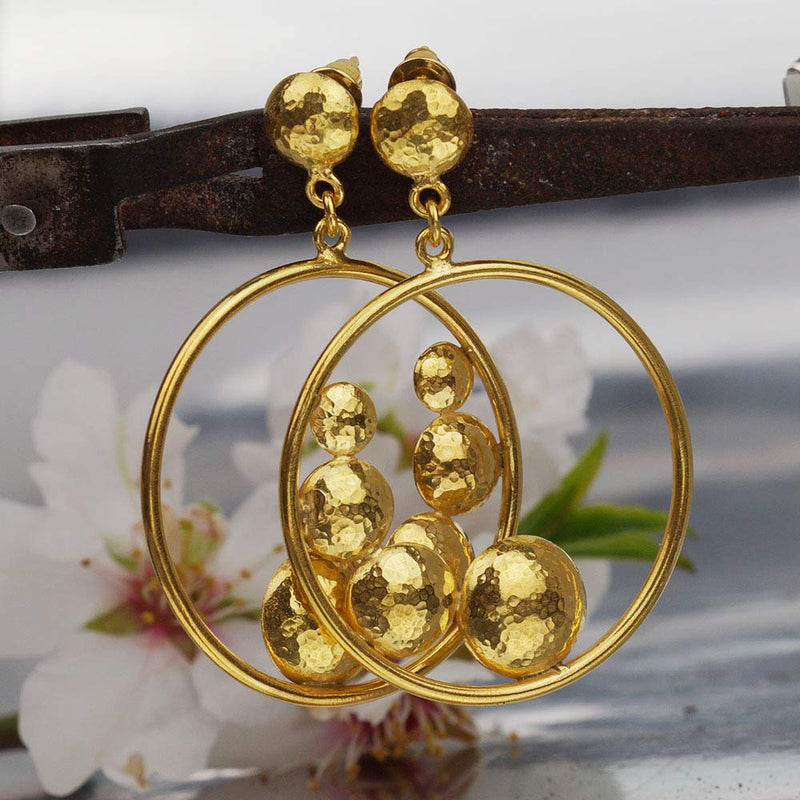 Omer Turkish 925k Silver Circle Collection Hammered Earrings 24k Gold Plated