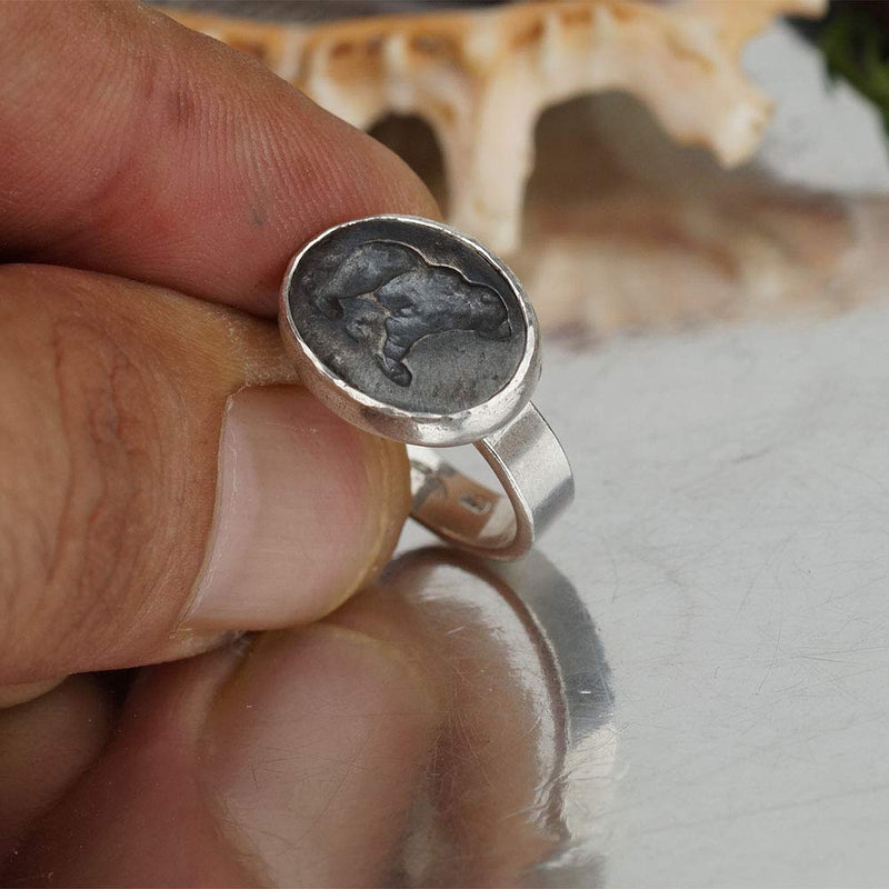 Omer Sterling Silver Handmade Flat Band Oxidized Bear Coin Signet Ring Turkish