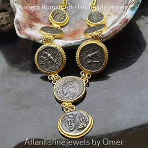 Sterling Silver Handmade Large Oxidized Coin Necklace By Omer 24 k Gold Vermeil