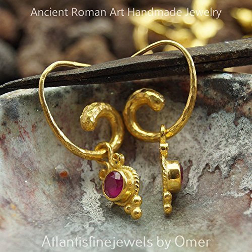 Hammered Horn Earrings With Ruby Charms 24k Gold over 925 Silver Design By Omer