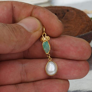 925 Sterling Silver Free Form Pearl & Raw Apatite Handmade Pendant 24k Gold Verm