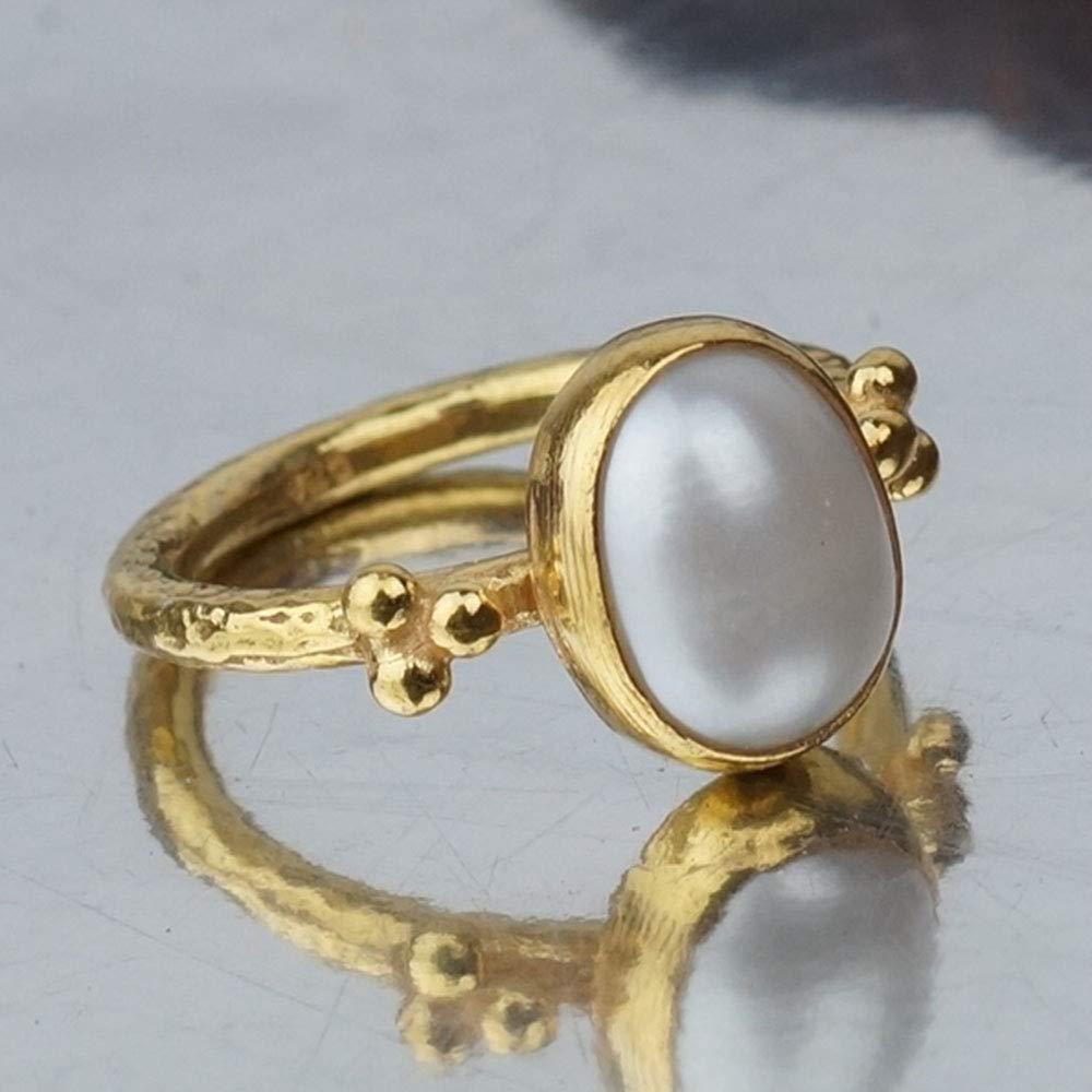 Turkish Hammered Pearl Ring 925 Sterling Silver 24 k Yellow Gold Plated