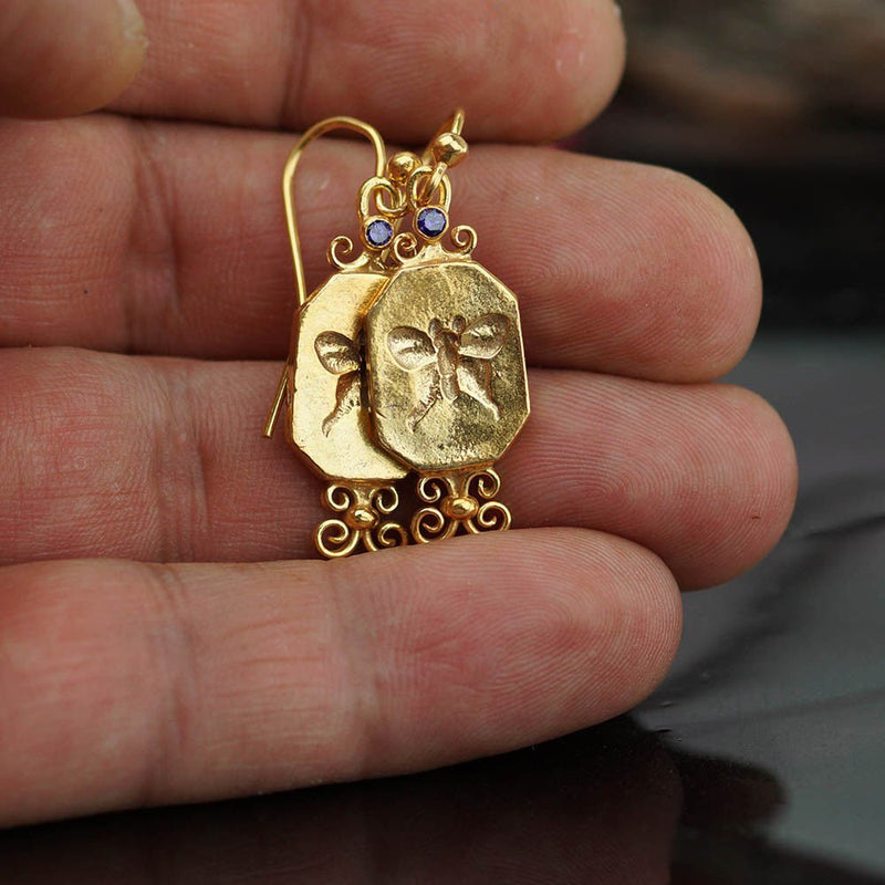 Omer 925 Silver Butterfly Coin Amethyst Gold Earrings Turkish Fine Jewelry