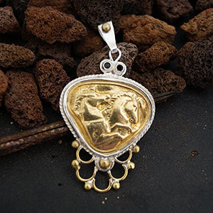 925k Sterling Silver Horse Coin pendant W/Onyx Turkish Designer Jewelry Omer