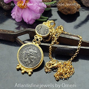 Omer Sterling Silver Handmade Oxidized Coin Chain & Pendant 24 k Gold Vermeil