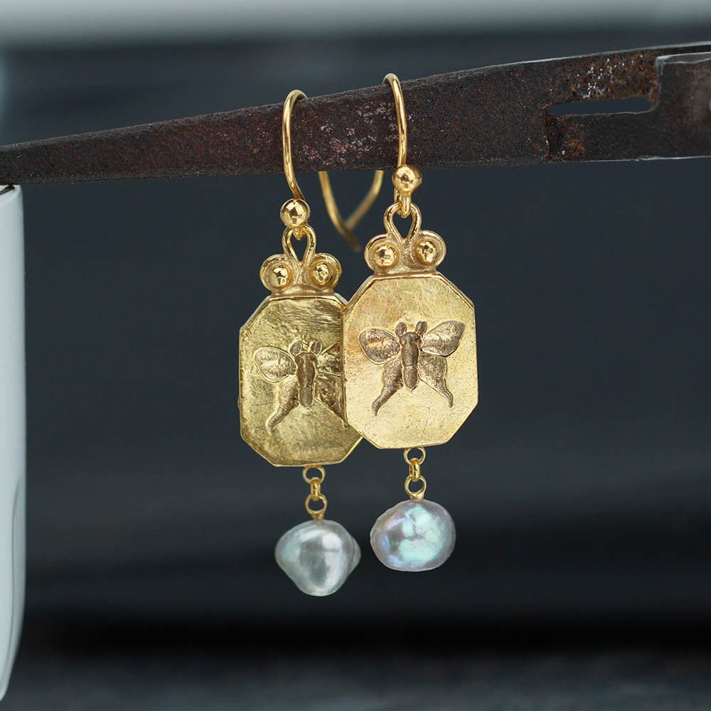 925 k Silver Butterfly Coin Pearl Charm Earrings Turkish Fine Jewelry By Omer