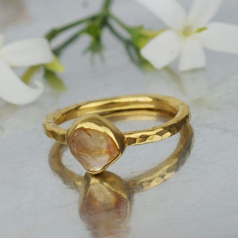 Omer Natural Raw/uncut Citrine Stacking Ring Handcrafted Hammered 24K Yellow Gol