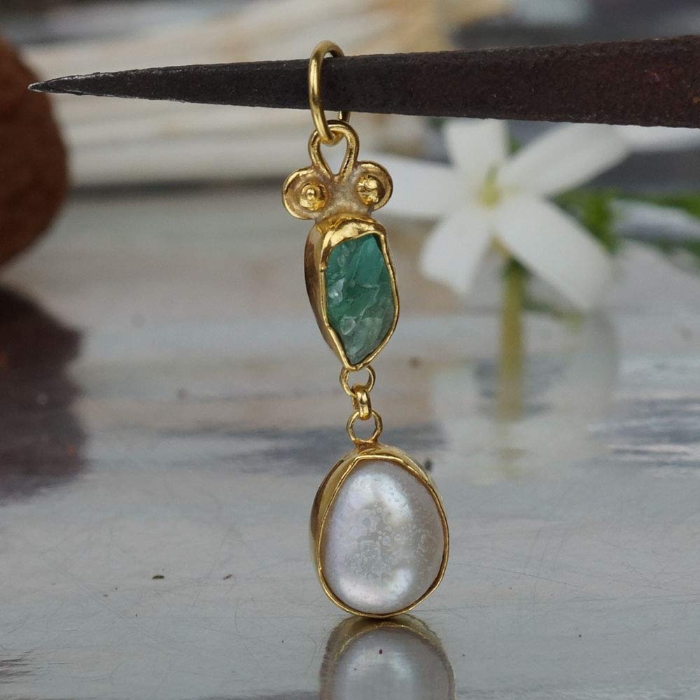 925 Sterling Silver Free Form Pearl & Raw Apatite Handmade Pendant 24k Gold Verm
