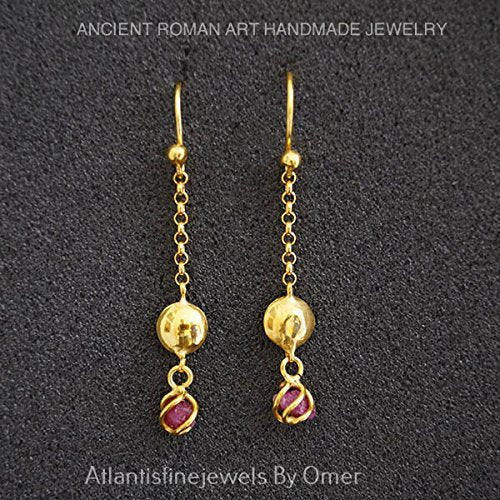 Roman Art Raw Ruby Designer Earrings By Omer 24 k Yellow Gold Over 925 Silver