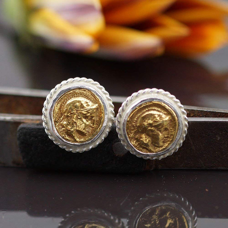 Sterling Silver 925 2 Tone Ancient Roman Art Stud Coin Earrings By Omer Handmade