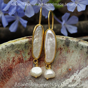 Omer 925 Silver Handmade Long White Pearl Dangle Gold  Earrings Ancient Jewelry