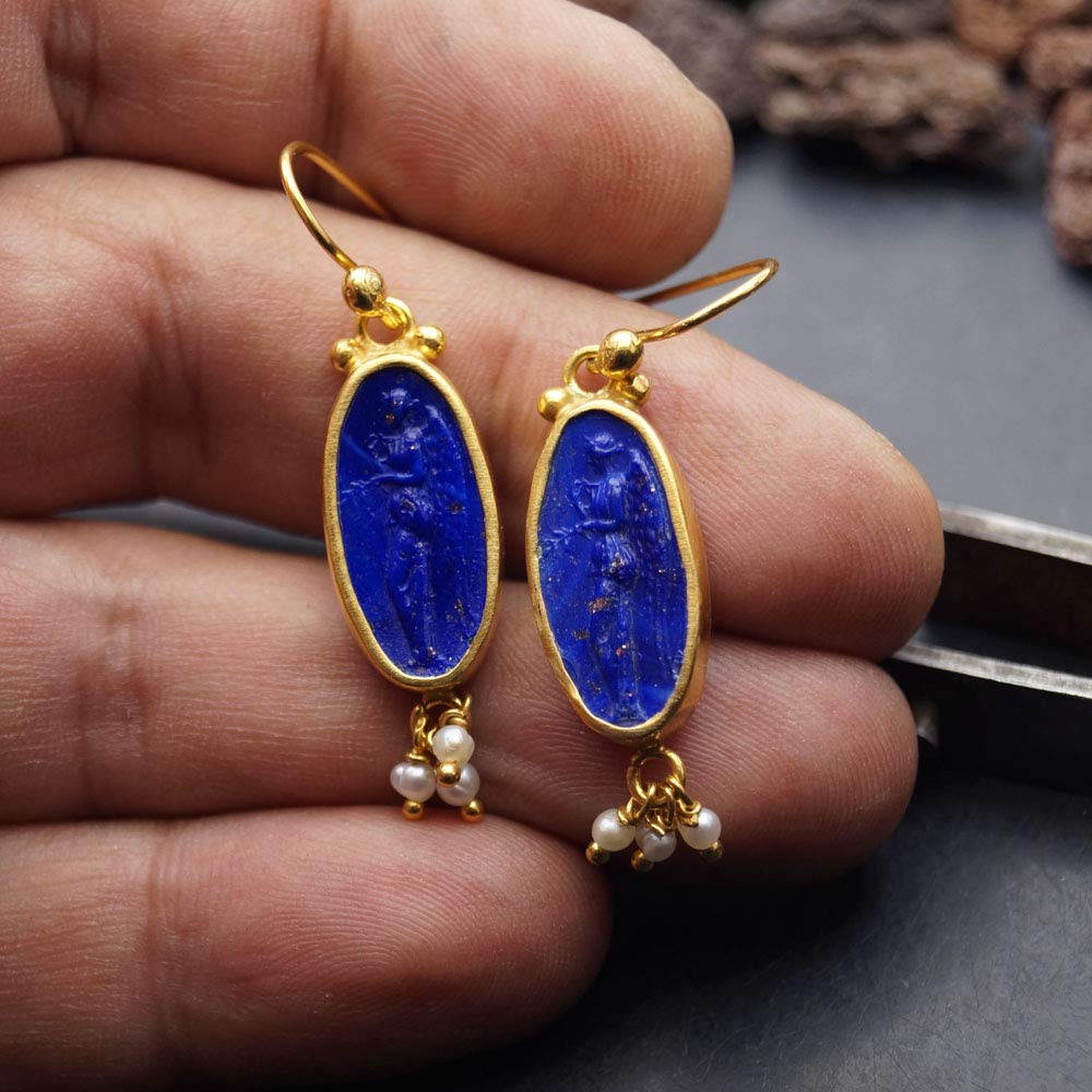 Roman Art Sterling Silver Cobalt Blue Angel Intaglio & Pearl Dangle Earrings 24k Yellow Gold Plated