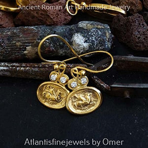 Omer 925 k Sterling Silver Horse Coin Earrings W/White Topaz 24k Gold Vermeil