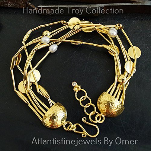ROMAN ART HAMMERED CLASP MULTI STRAND TROY BRACELET W/ PEARLS 24K GOLD OVER STER