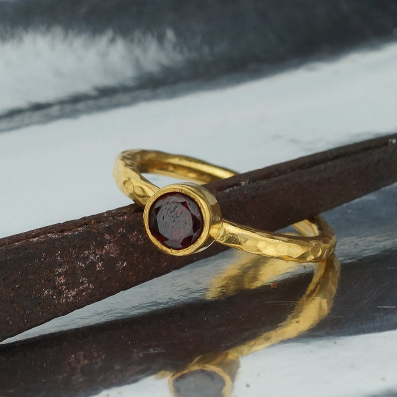925 Sterling Silver Garnet Stackable Ring Hammered Handcrafted Turkish Fine Jewe