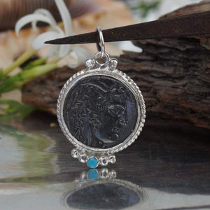 Handmade Alexander Coin Pendant w/Turquoise 925 Sterling Silver Design By Omer