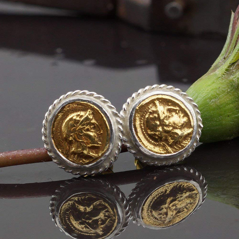 Sterling Silver 925 2 Tone Ancient Roman Art Stud Coin Earrings By Omer Handmade