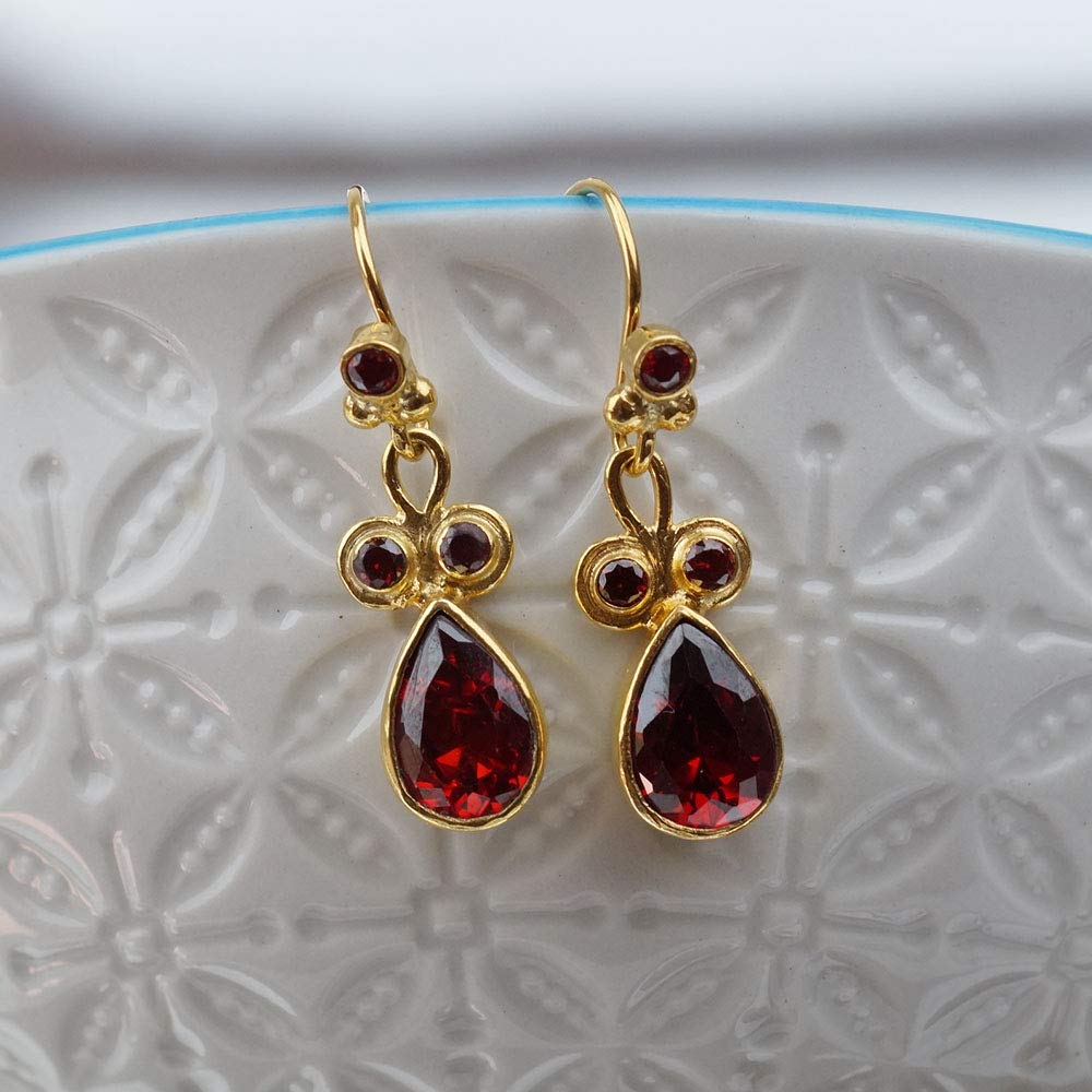 Omer 925 Sterling Silver Handmade Turkish Garnet Dangle Earrings 24k Gold Over Plated Turkish Jewelry