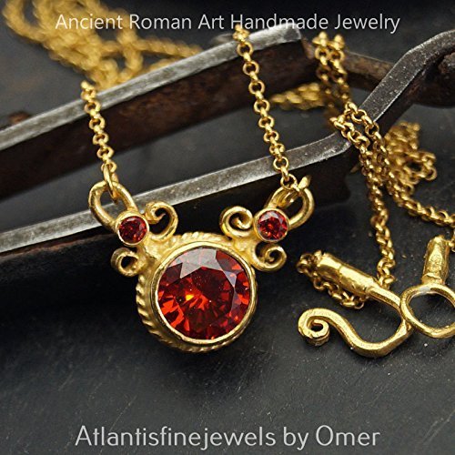 Roman Art Red Garnet Necklace 24k Gold Vermeil Sterling Silver Fine Turkish Jewe