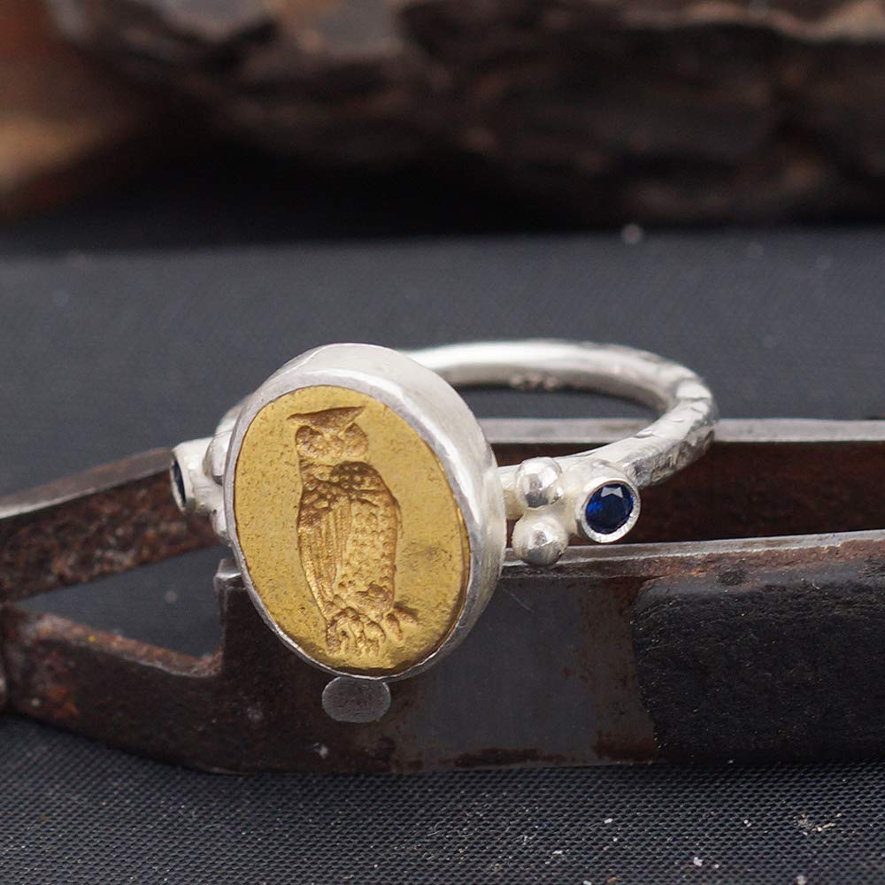 Sterling Silver Handmade Roman Art 2 Tone Owl Coin Signet Ring Turkish Designer