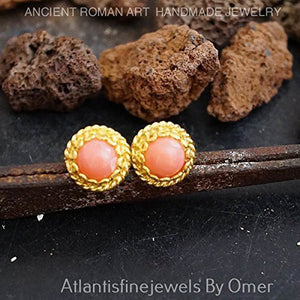 Turkish Coral Earrings Handmade Designer Jewelry By Omer 925 Sterling Silver 24 k Yellow Gold Plated