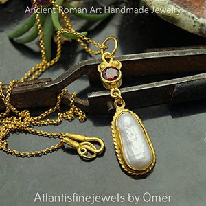 925 Sterling Silver Handmade Pearl & Garnet Fine Necklace 24k Gold Vermeil