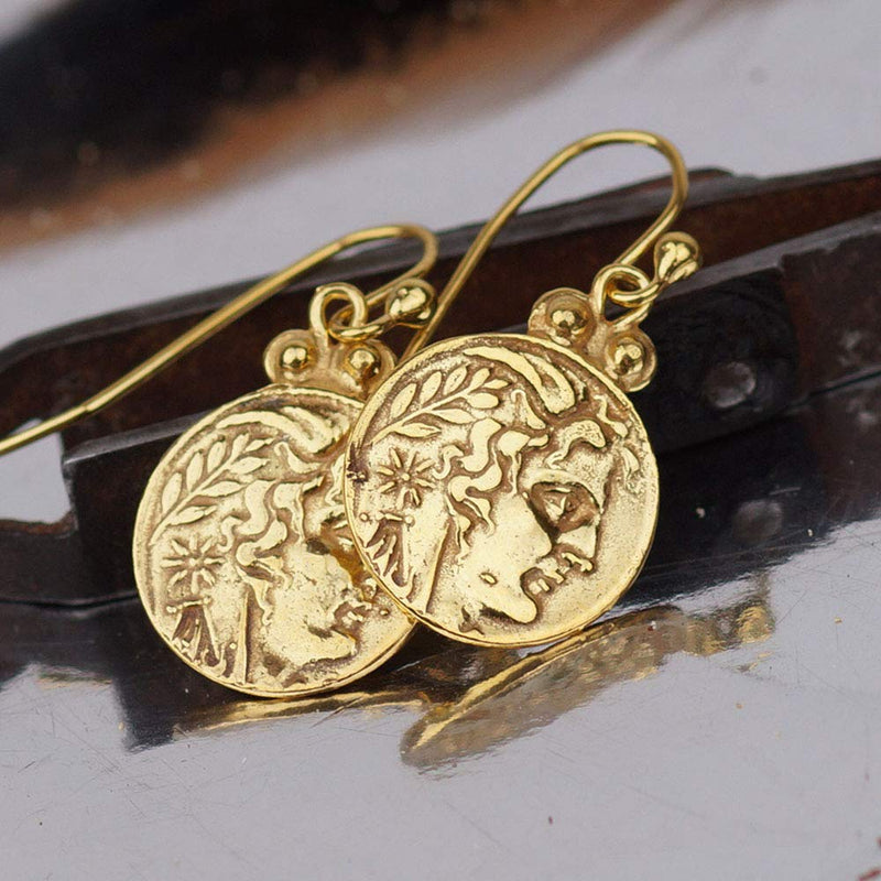 Turkish Alexander Coin Earrings Handmade Designer Jewelry By Omer 925 Sterling Silver 24 k Yellow Gold Plated