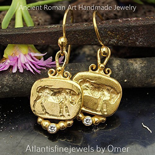 Bull Coin Earrings 925k Silver Roman Art Jewelry By Omer 24k Yellow Gold Vermeil